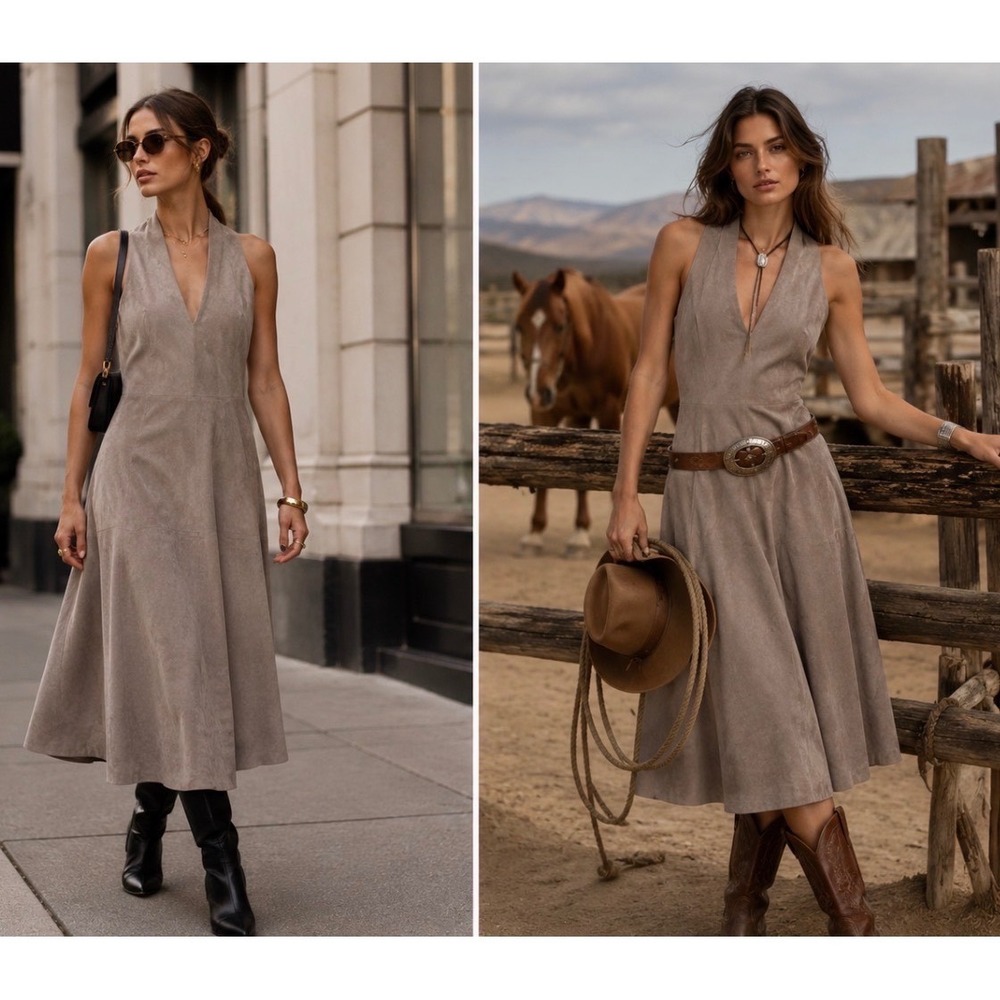 Halston Heritage Halter Neck Faux Suede Midi Dress Size 4 Tan Western Boho